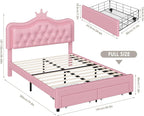 Keyluv Full Upholstered LED Bed Frame with Storage Drawer, Leather Princess Platform Bed with Adjustable Crystal Button Tufted Crown Headboard, Solid Wooden Slats Support, No Box Spring Needed, Pink