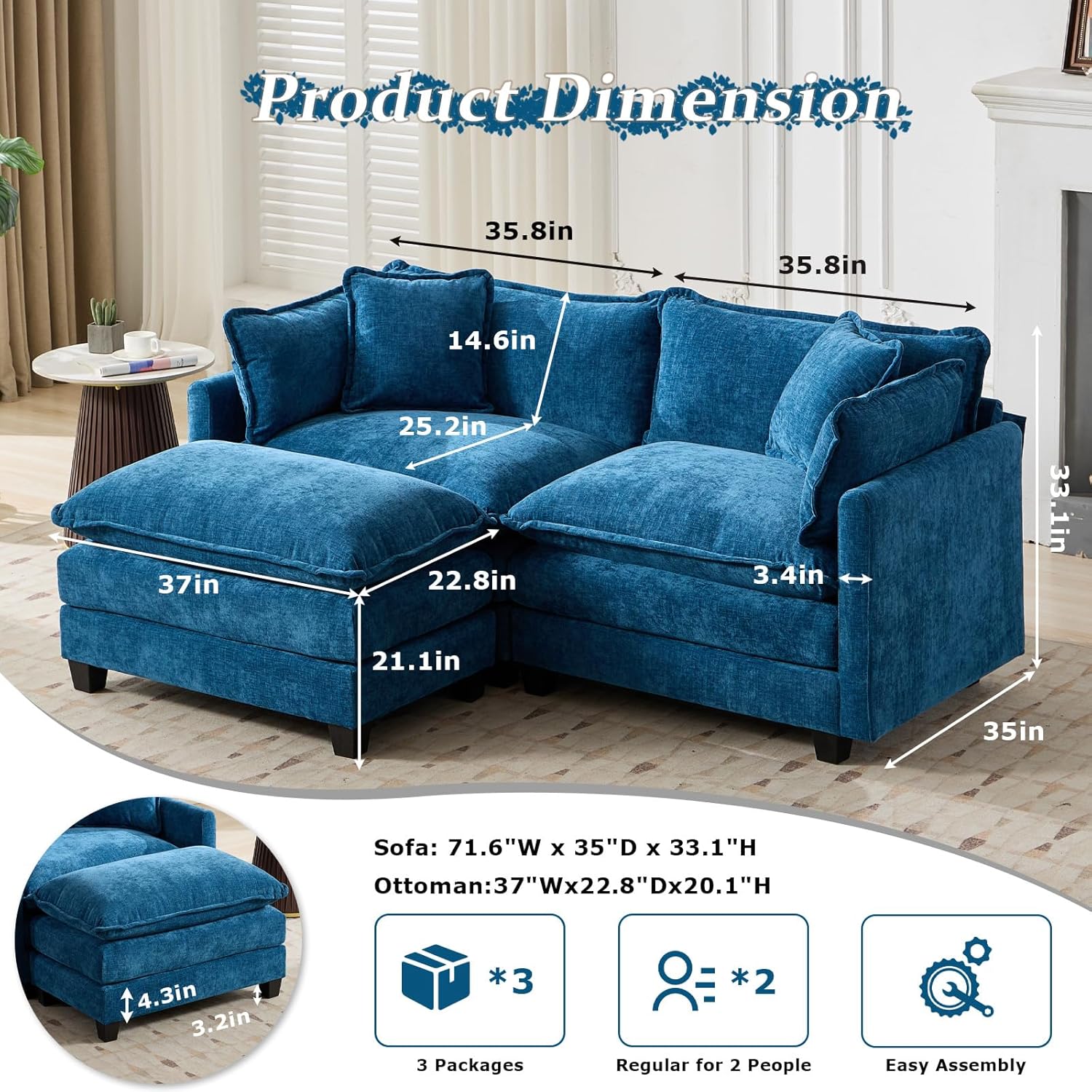 SoarFlash Chenille 77.95" Sectional Sofa, Comfy L Shaped Modular Coush Sofa with Ottoman, Modern 2 Seat Couch Deep Seat Sofa Set for Living Room,Blue