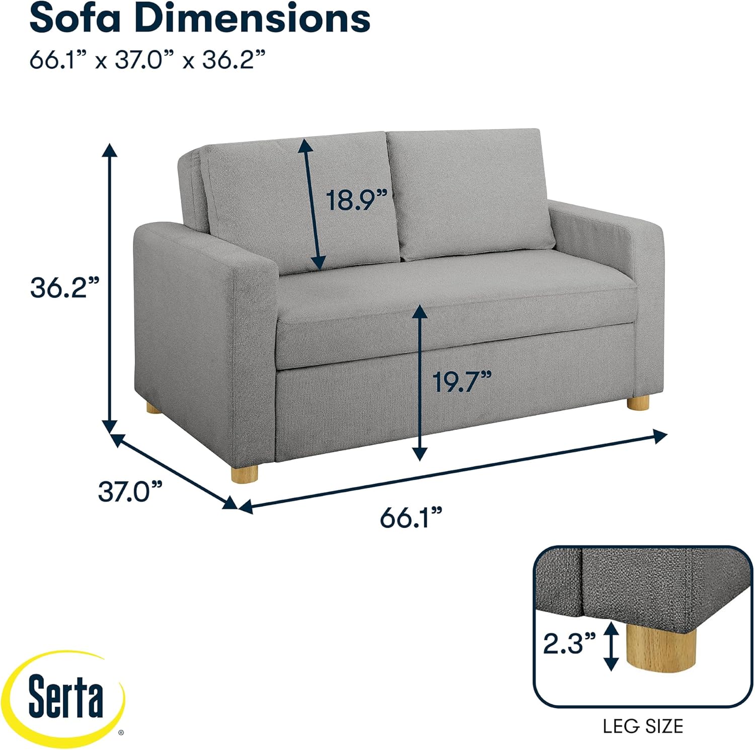 Serta Tulsa 66.1" Convertible Sleeper Loveseat, Full Size, Dreamcoil Comfort, FingerGuard Pinch Point Protection, Boucle Fabric, Grey
