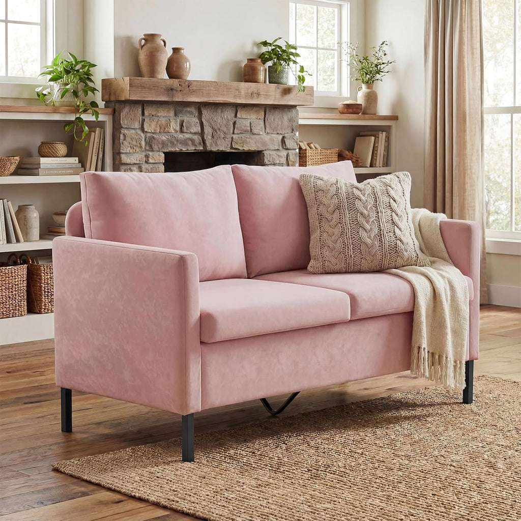 TYBOATLE Love Seat Mid Century Modern Small Loveseat for Living Room, 51" W Mini Little Upholstered 2-Seater Love Seats w/Iron Legs for Compact Small Space, Apartment, Bedroom, Dorm, Office (Pink)