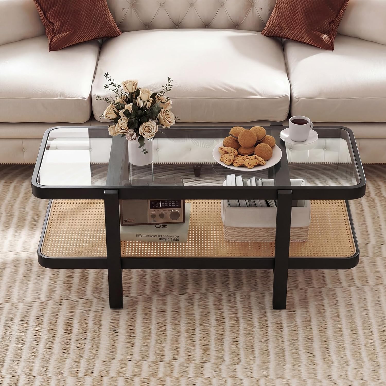 Giantex Rattan Coffee Table, 47.5" Rectangle Solid Wood Tea Table w/Tempered Glass Tabletop, Rattan Storage Shelf, 2-Tier Boho Coffee Tables, Farmhouse Center Table for Living Room (Black)