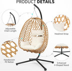 LEX CRAFT Egg Chair with Stand, Patio Wicker Hanging Chair, Hammock Swing Chair, 350LBS Capacity for Bedroom, Balcony, Garden (YE-BE)