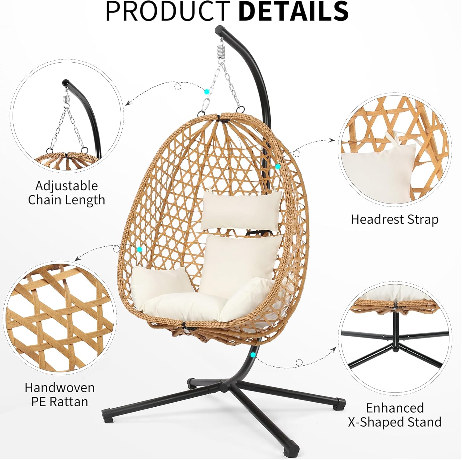 LEX CRAFT Egg Chair with Stand, Patio Wicker Hanging Chair, Hammock Swing Chair, 350LBS Capacity for Bedroom, Balcony, Garden (YE-BE)