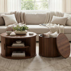 IRONCK Round Coffee Table Set of 2, Fluted Coffee Table and End Table with Storage, Wood Center Tables with Sliding Tambour Door and Hollow Side Table, Mid Century Modern, Walnut