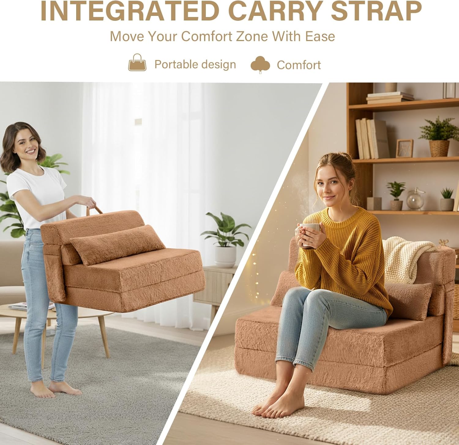 Tiita Convertible Folding Sofa Bed Single Size for Adults with Pillow, Plush Fabric Floor Mattress Couch Bed, Washable Cover & Side Pocket, Guest Room, Dorm, Apartment, Living Room, Brown