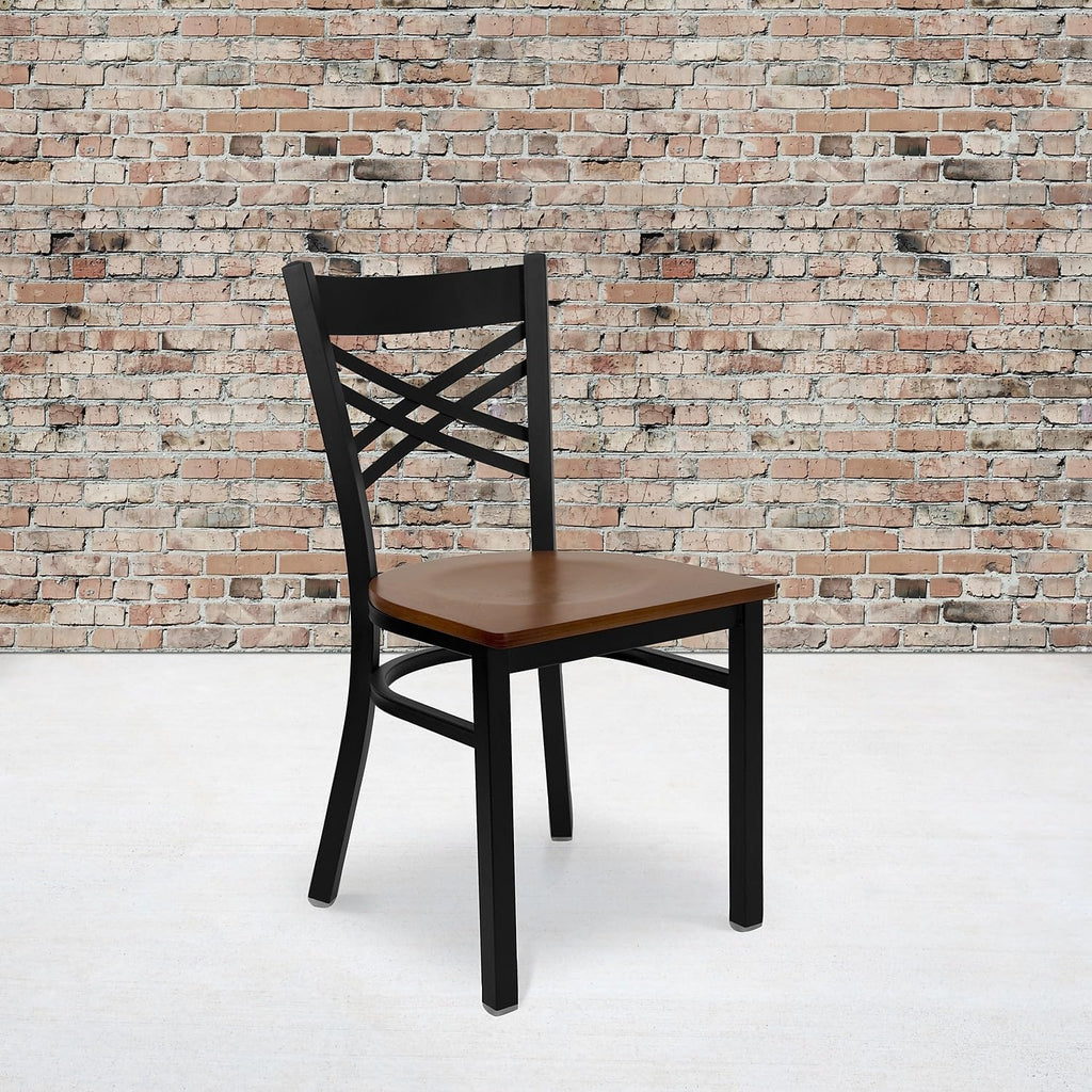 Flash Furniture 2 Pk. HERCULES Series Black ''X'' Back Metal Restaurant Chair - Cherry Wood Seat