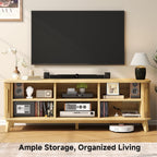 66" TV Stand for TVs up to 80", Mid-Century Modern Entertainment Center, TV Console with Storage Cabinet and Adjustable Shelves, Wood Curved Media Console with Sliding Door for Living Room,Natural Oak