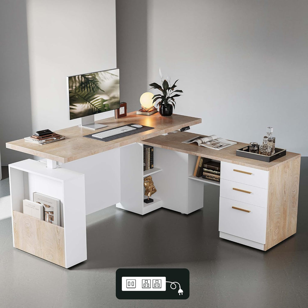 63" Standing Desk with File Cabinet, Privacy Panel, AC/USB, 1.18" Desktop, Executive L Shaped Height Adjustable Electric Stand Up Desk, Home Office Table with 3 Drawers, Light Walnut