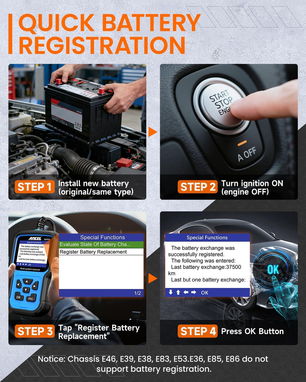 ANCEL BM500 OBD2 Scanner for BMW & MINI, Simplified Battery Registration, EPB, Oil, Throttle, PCM Resets, I/M Readiness, Full System Diagnostics for Engine, Transmission, ABS, SRS, DSC & More