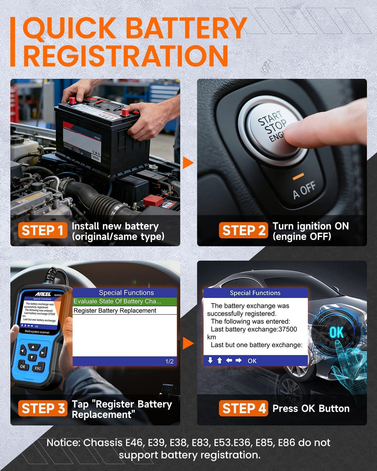 ANCEL BM500 OBD2 Scanner for BMW & MINI, Simplified Battery Registration, EPB, Oil, Throttle, PCM Resets, I/M Readiness, Full System Diagnostics for Engine, Transmission, ABS, SRS, DSC & More
