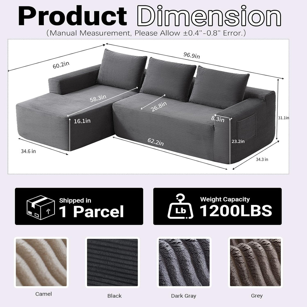 97" Cloud Sectional Couch, Modern Boneless Couch with L-Shape Chaise, Deep Seat Modular Sectional Sofa Corduroy Corner Foam Couches for Living Room,No Assembly Required(Dark Gray, Left Chaise