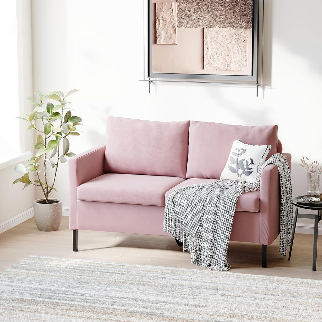 TYBOATLE Love Seat Mid Century Modern Small Loveseat for Living Room, 51" W Mini Little Upholstered 2-Seater Love Seats w/Iron Legs for Compact Small Space, Apartment, Bedroom, Dorm, Office (Pink)