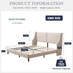 King Size Upholstered Platform Bed Frame with Wingback Headboard, Linen Fabric & Wooden Slats Support, Modern Golden PVC Material Edge for Bedroom,No Box Spring Needed, Easy to Assemble, Beige
