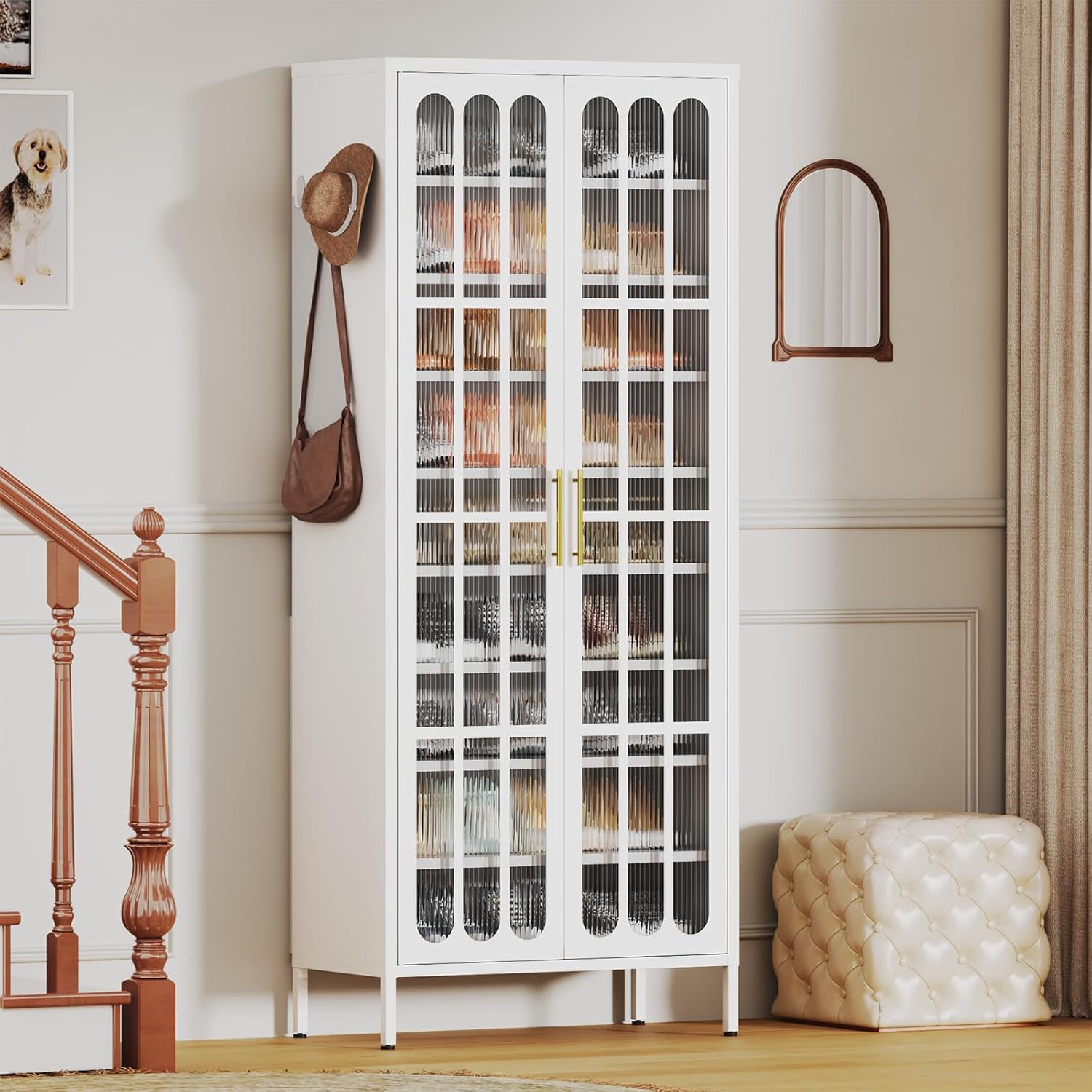 9-Tier Large Metal Shoe Storage Cabinet with Fluted Acrylic Doors & 8 Adjustable Shelves, Holds 27-36 Pairs, 67" Tall Shoe Organizer Rack for Entryway, Hallway, Cloakroom (White)
