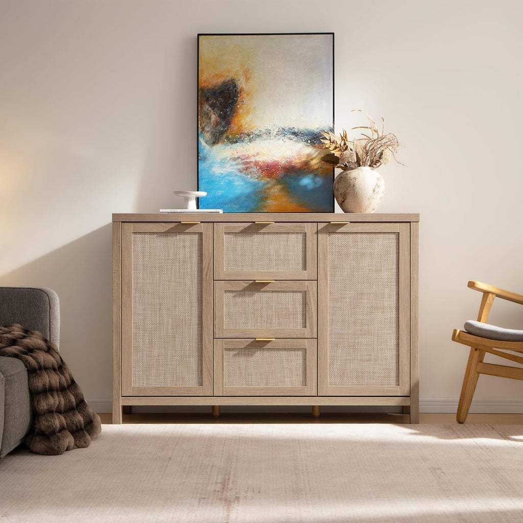 SICOTAS 52" Larger Sideboard Buffet Coffee Bar Cabinet with Storage - Farmhouse Rattan Credenza Storage Cabinet with 3 Drawers and 2 Doors, Boho Console Table for Living Room, Kitchen, Light Oak