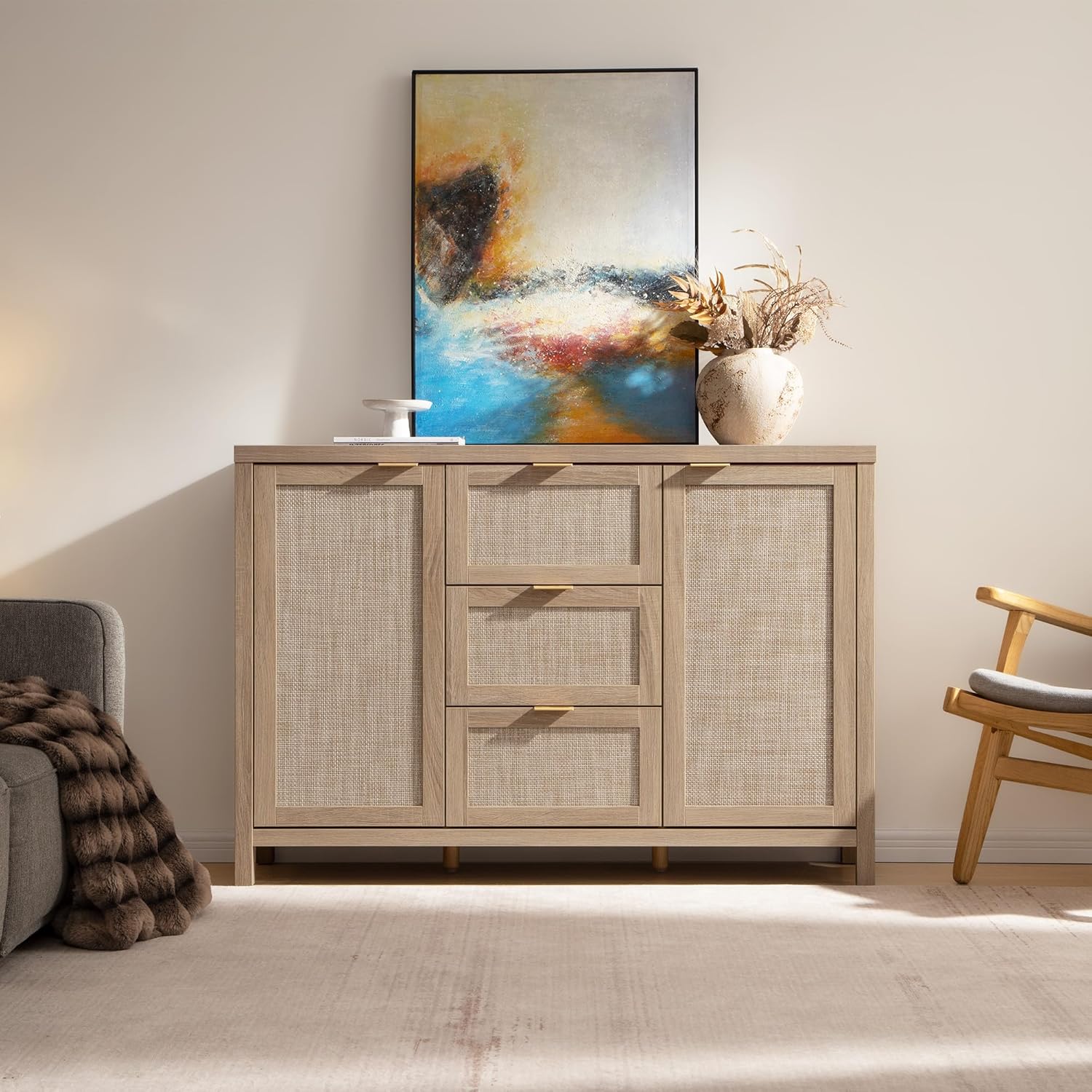 SICOTAS 52" Larger Sideboard Buffet Coffee Bar Cabinet with Storage - Farmhouse Rattan Credenza Storage Cabinet with 3 Drawers and 2 Doors, Boho Console Table for Living Room, Kitchen, Light Oak
