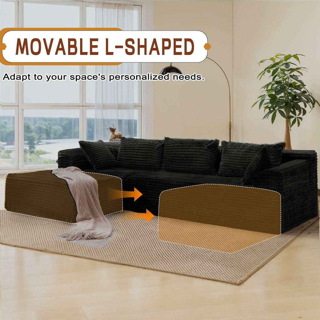 110" L-Shaped Modular Sectional Sofa with Chaise, Boneless Comfy Corduroy Fluffy Couch with Deep Seat and Side Pockets, Flexible Module Combination for Living Room, No Assembly, Side Pockets