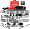 AOBEN Cordless Electric Ratchet Wrench with 83pc 1/4" to 3/8" impact sockets set,12V Electric Wrench with Variable Speed,3/8" to 1/4" Adapter, 3" Extension Bar
