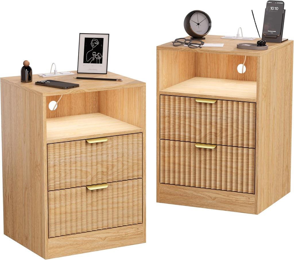 LED Nightstand with Charging Station, Fluted Nightstand Set of 2, Wood Nightstands with 2 Drawers & Metal Handles, Modern Bedside Table & End Tables, Farmhouse Night Stands for Bedroom, Natural