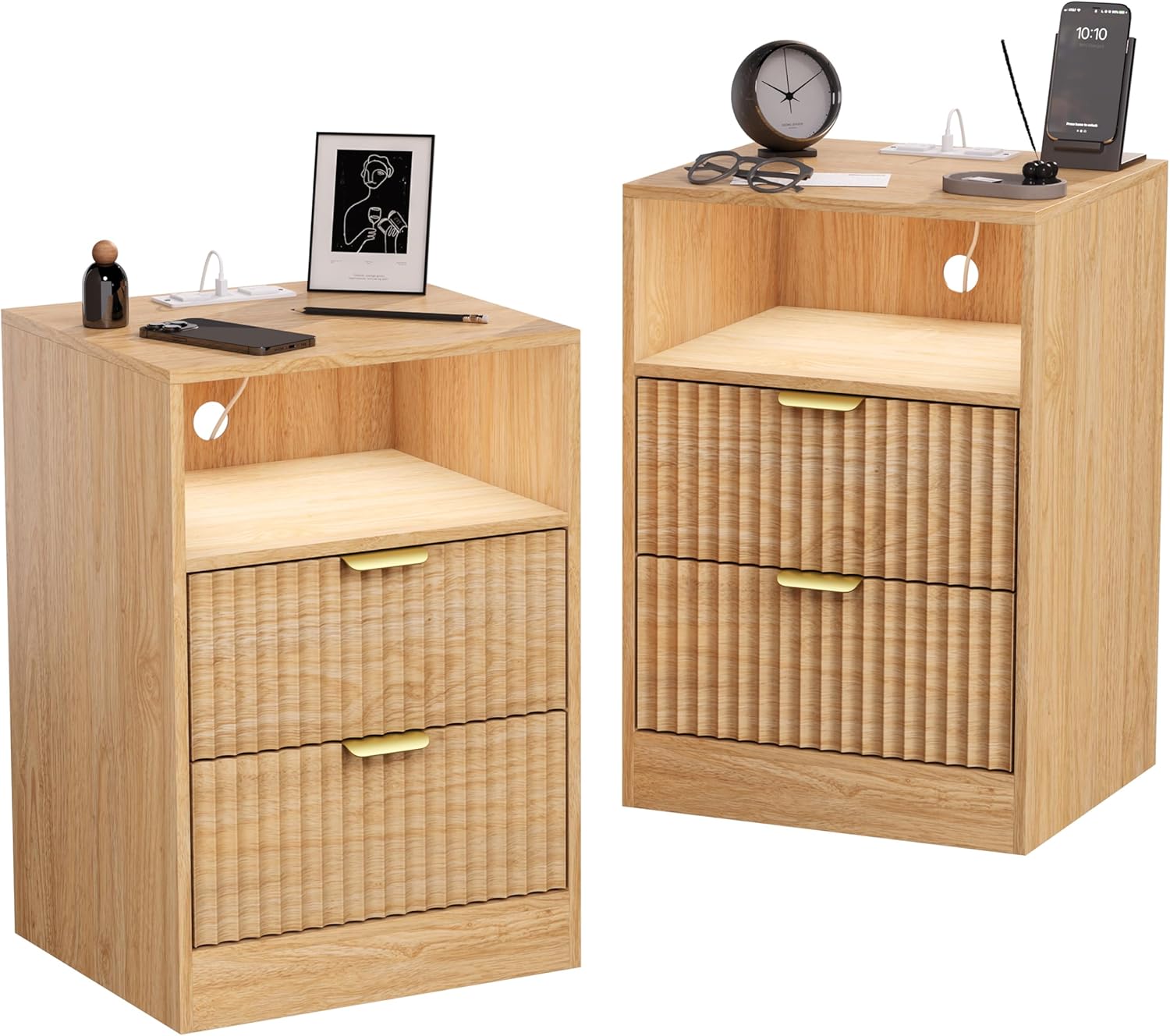 LED Nightstand with Charging Station, Fluted Nightstand Set of 2, Wood Nightstands with 2 Drawers & Metal Handles, Modern Bedside Table & End Tables, Farmhouse Night Stands for Bedroom, Natural
