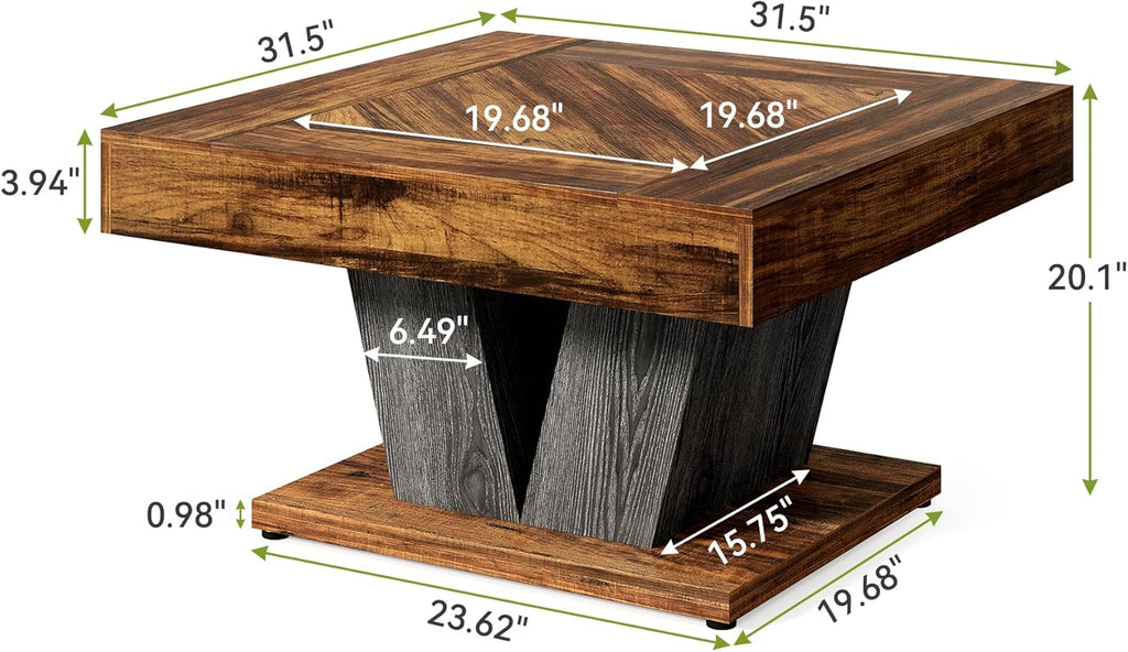 LITTLE TREE Square Coffee Table, Modern Rustic Coffee Table for Living Room, Wooden Table with Adjustable Feet, Brown