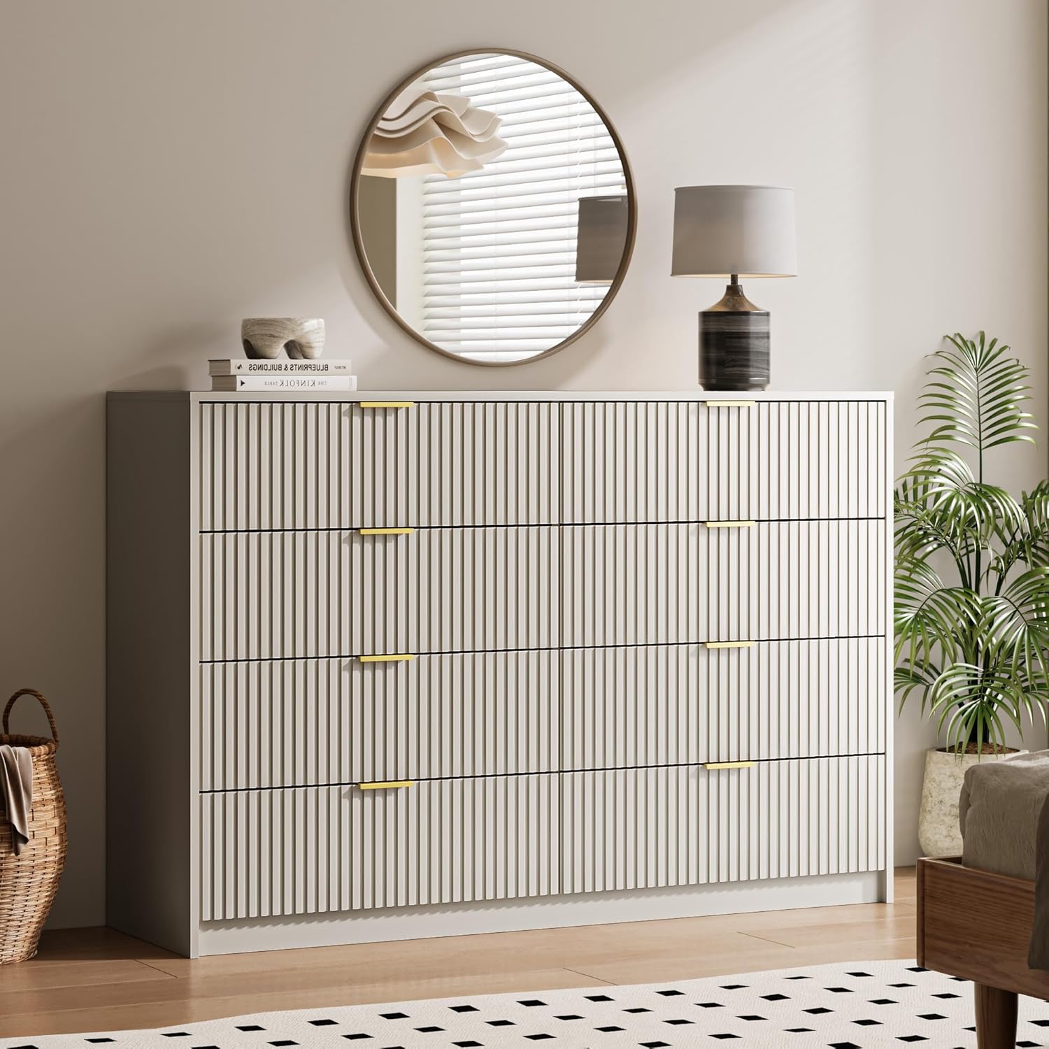 Beige Dresser for Bedroom, 8 Drawer Double Dresser, Modern Chest of Drawers for Bedroom, Living Room, Entryway and Closet, 55" L x 15.7" D x 37.4" H