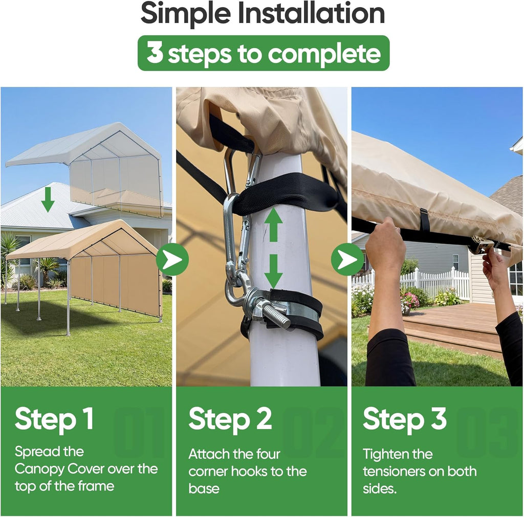 SIHAIAN 10 x 20 Ft Carport Replacement Canopy Cover with Sidewall(No Frame) Easy to Set up Carport Canopy, 500D Heavy-Duty Garage Top Tent Tarp Waterproof and UV Protected (Only Canopy Cover) Beige