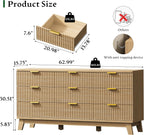 Fluted Dresser with 9 Drawers, 63" Wide Modern Chest of Drawers with Metal Handle, Wooden Dresser TV Stand, Wood Closet Clothes Storage Organizer for Bedroom, Living Room, Hallway, Natural Oak