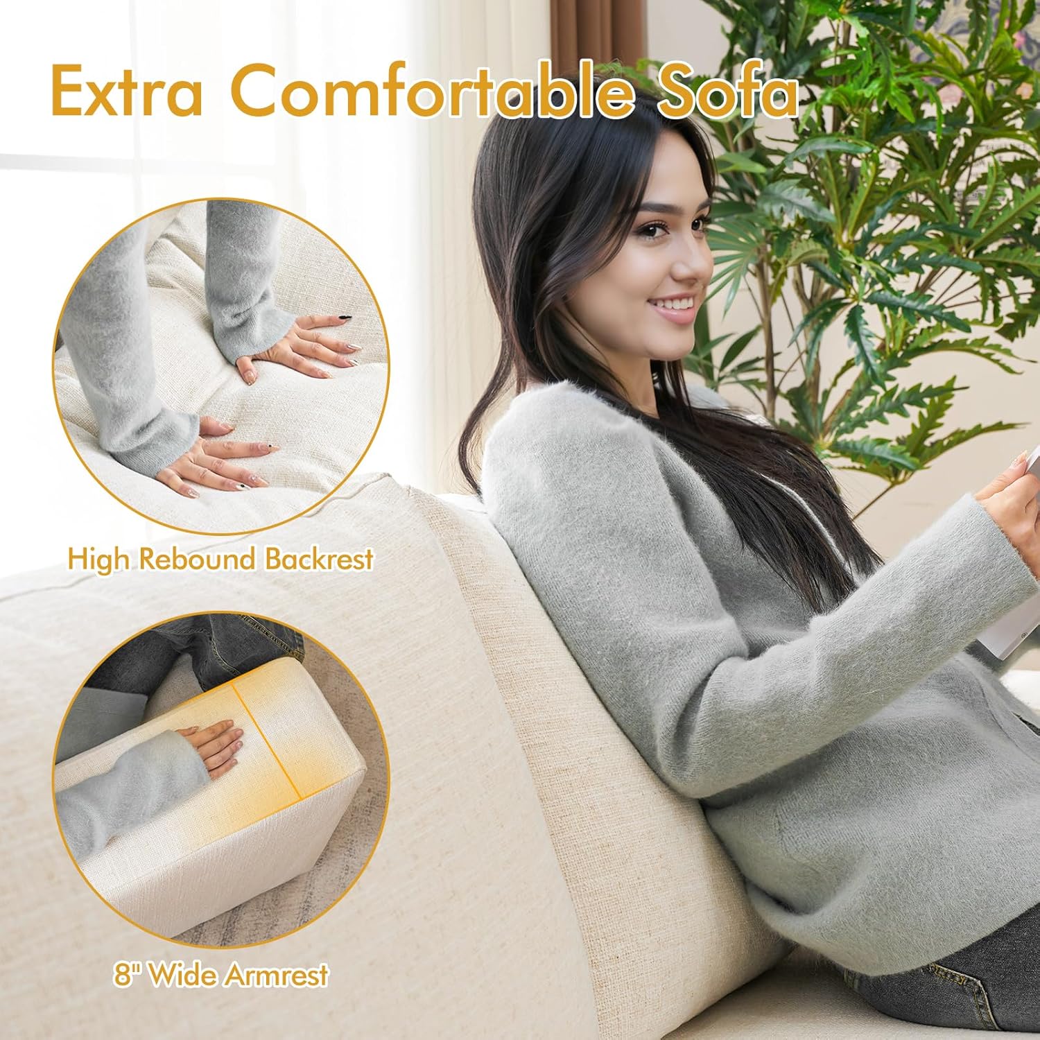 ELUCHANG 85" Modern Sofa Couches for Living Room, 3 Seater Sofa, Natural Linen Deep Seat Sofa with Upholstered Cushion&Detachable Cover, Comfy Sofa Couch for Small Space, Apartment, Beige