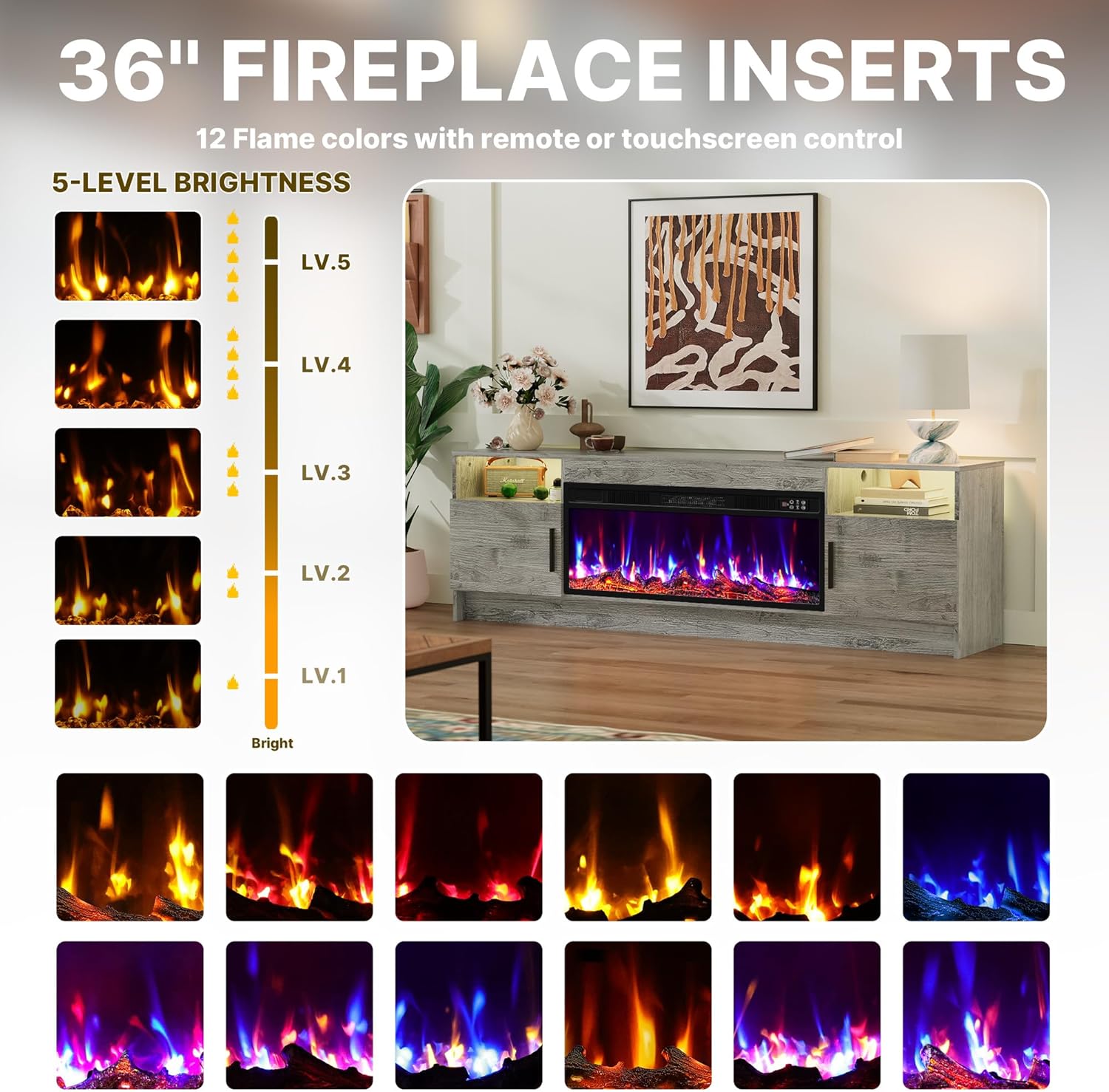 70 Inch Fireplace TV Stand for Living Room with 36" Electric Fireplace, Entertainment Center with Fireplace for TVs Up to 80", Media TV Console Cabinet, Gray LED TV Stand with Storage for Bedroom