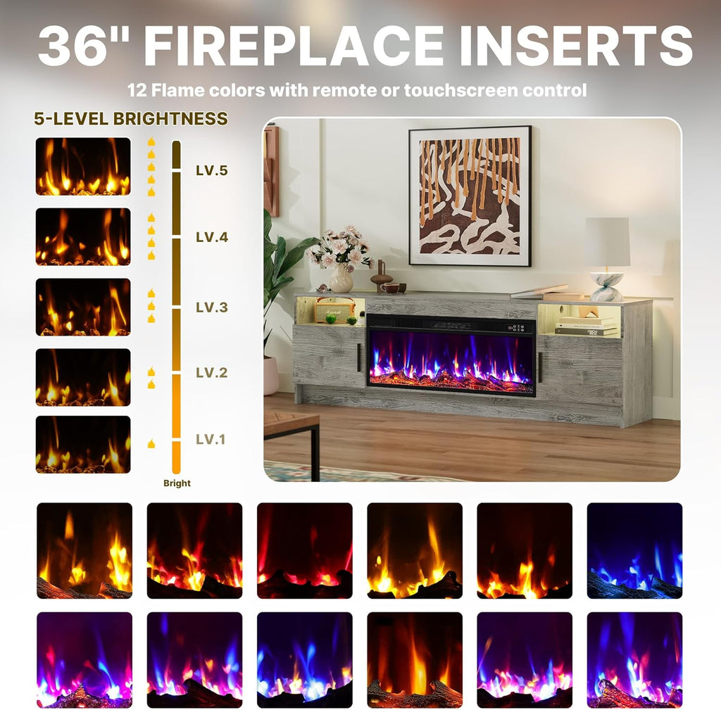 70 Inch Fireplace TV Stand for Living Room with 36" Electric Fireplace, Entertainment Center with Fireplace for TVs Up to 80", Media TV Console Cabinet, Gray LED TV Stand with Storage for Bedroom
