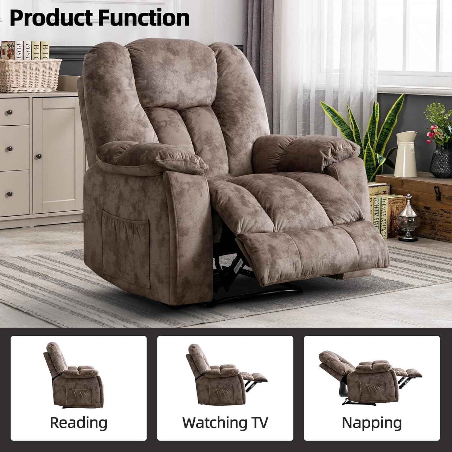 CANMOV Manual Reclining Chair-Overstuffed Recliner Chair with Cup Holder Side Pocket Footrest Fabric Recliners for Living Room Bedroom, Apricot