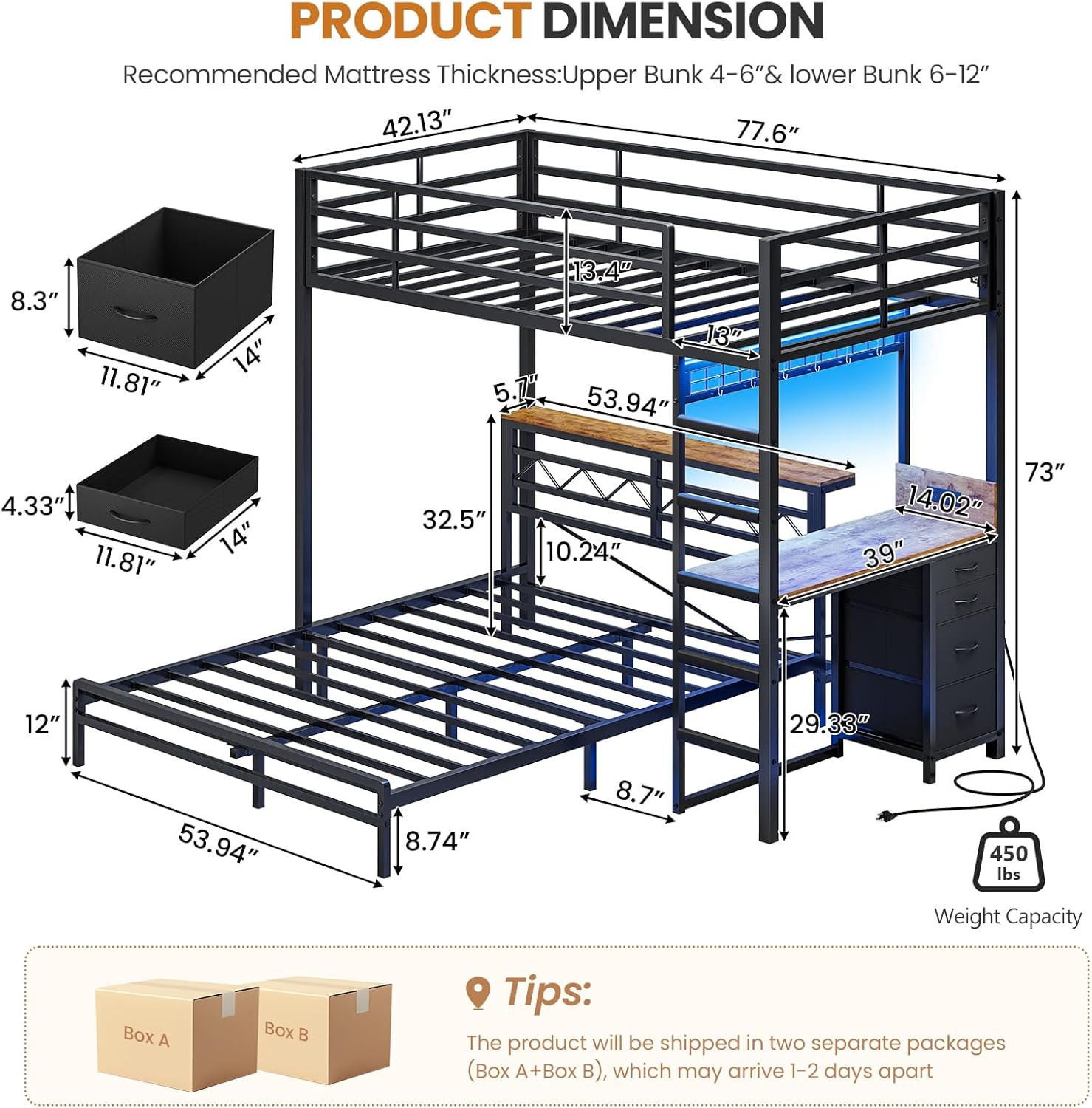 DICTAC Twin Over Full Bunk Bed with Desk,Led Lights and 4 Drawers,Metal Bunk Beds with Storage Headboard and Charging Station,L-Shaped bunk Bed for Kids/Teen with Safety Guardrail and Ladder,Black