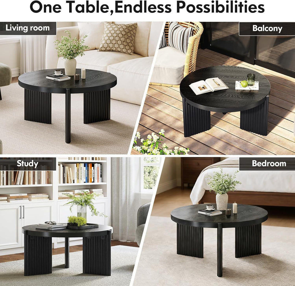 Luoxiao 27.5" Round Black Coffee Table for Living Room, Mid Century Modern Fluted Wood Center Table, Circular Sofa Table with Ribbed Base & Non-Slip Footpads for Small Space, Apartment, Easy Assembly