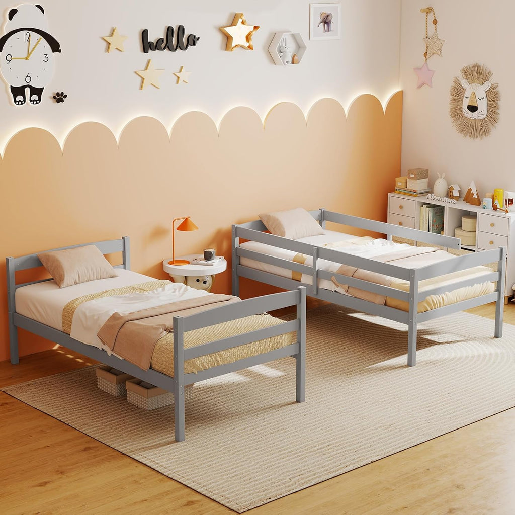KOMFOTT Bunk Bed Twin Over Twin, Bed Frame w/Full-Length Guardrail & Integrated Ladder, Wood Bunk Bed for Small Space, Converts to 2 Individual Beds for Kids & Adults, No Box Spring Needed