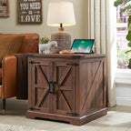 Barnyatoh Farmhouse End Table with Charging Station,24" Large Sofa Side Table with Barn Door, Rustic Wood Square Nightstand Bedside Table with Adjustable Storage Shelf for Living Room, Bedroom,Walnut
