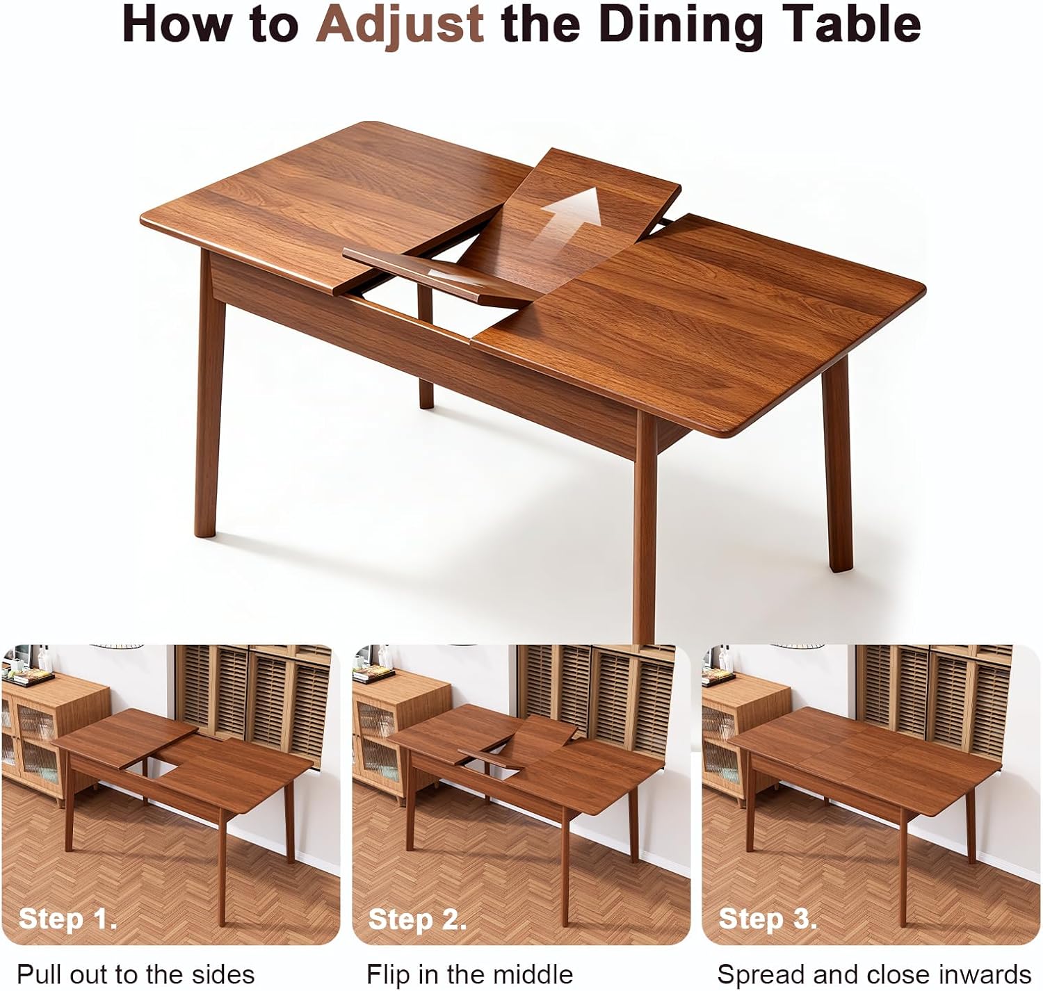 Extendable Dining Table for 4-8 – Expandable Kitchen Table with Removable Leaf, Solid Wood Farmhouse Design, Easy Setup for Small Spaces, Dining & Living Room