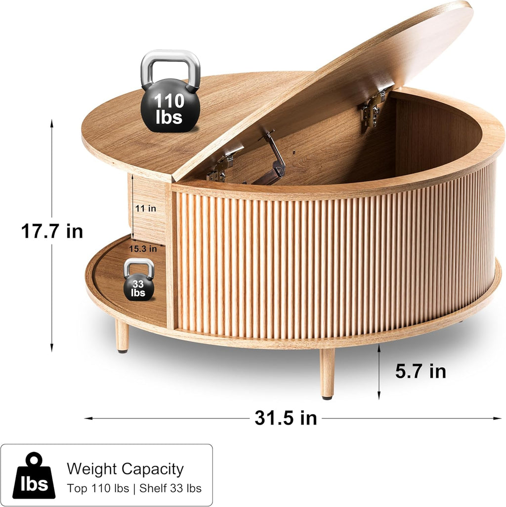 Round Coffee Table, 31.5" Fluted Center Table with Storage, Lift-Top Coffee Table with Adjustable Footpads, Sliding Door, Mid-Century Modern Center Table for Living Room, Small Space (Nature)