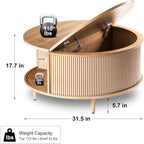 Round Coffee Table, 31.5" Fluted Center Table with Storage, Lift-Top Coffee Table with Adjustable Footpads, Sliding Door, Mid-Century Modern Center Table for Living Room, Small Space (Nature)