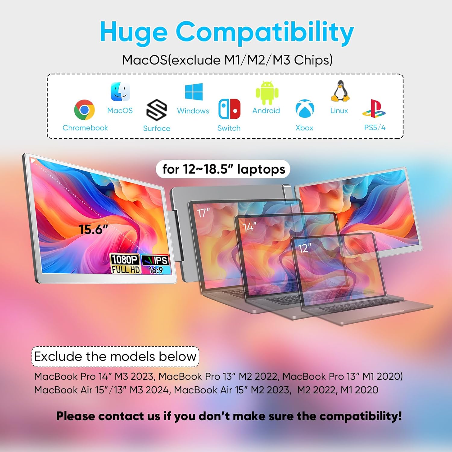 LXU Laptop Screen Extender  15.6" FHD 1080P IPS Laptop Monitor Extender Triple Screens  Portable Monitor for Laptops 12~17.3 inch  Plug n Play Extended Monitor for MacBooks(NOT M1 M2 M3)/Windows