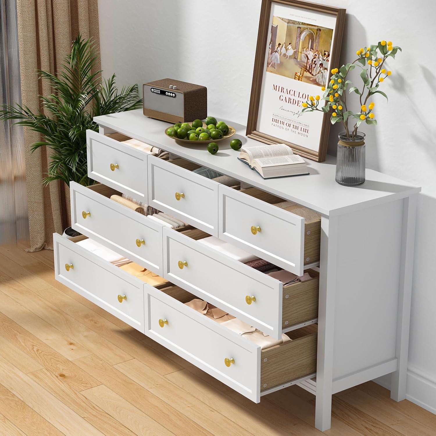 CARPETNAL White Dresser for Bedroom, 7 Drawer Dresser with Wide Drawers and Gold Metal Handles, 55" White and Gold Dressers TV Stand, Modern Dressers & Chests of Drawers for Hallyway, Entryway.
