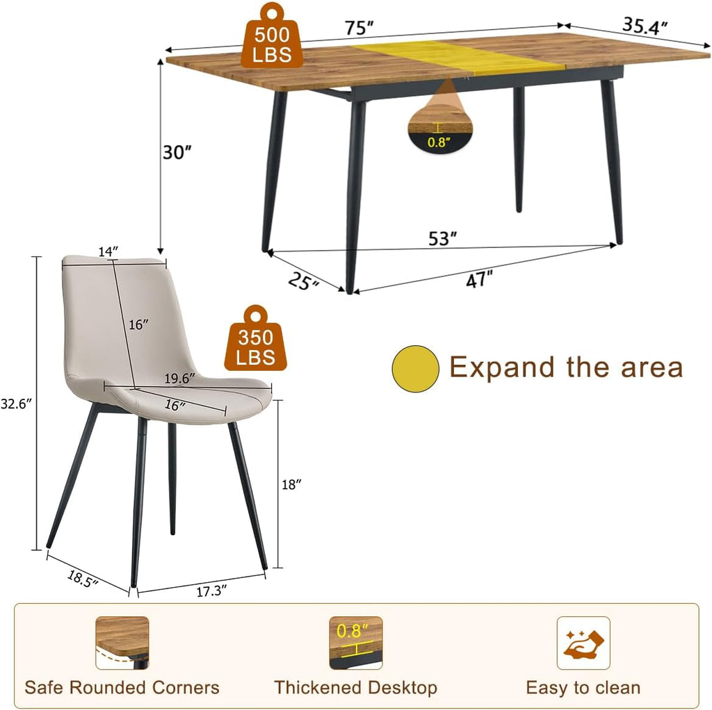 59"-75" Extendable Dining Table Set for 6, Mid Century Dining Room Table Set for 6, Modern Wood Kitchen Table Upholstered Chairs Set of 6, Ideal for Dining Room,Office, Space-Saving, Easy to Assemble