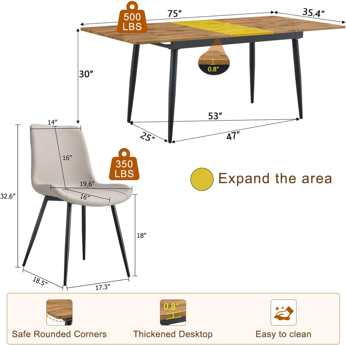 59"-75" Extendable Dining Table Set for 6, Mid Century Dining Room Table Set for 6, Modern Wood Kitchen Table Upholstered Chairs Set of 6, Ideal for Dining Room,Office, Space-Saving, Easy to Assemble