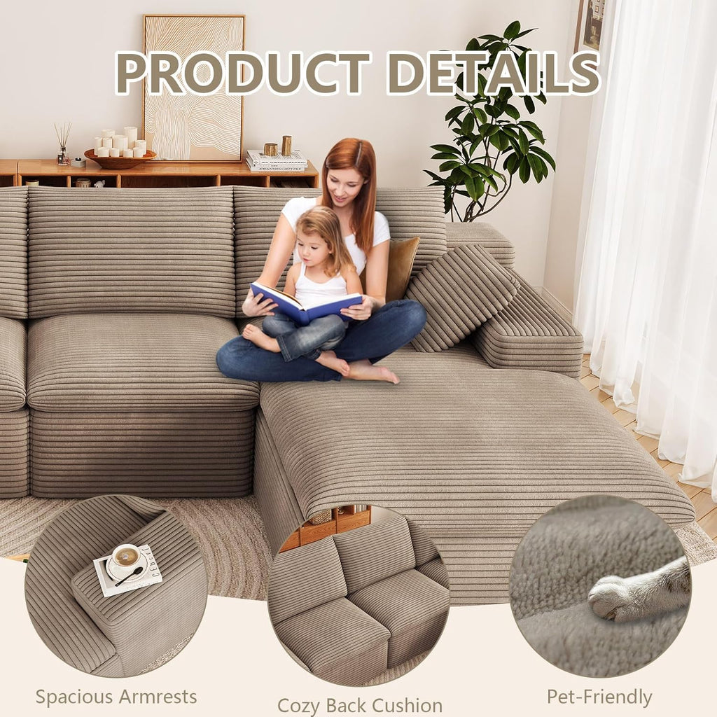 136" Cloud Couch Modular Sectional Couchs with Chaise Lounge, U-Shape Boneless Couches with Ottoman for Living Room, Corduroy Sofa with Deep Seat, No Assembly Required (Camel, Right Facing Chaise)