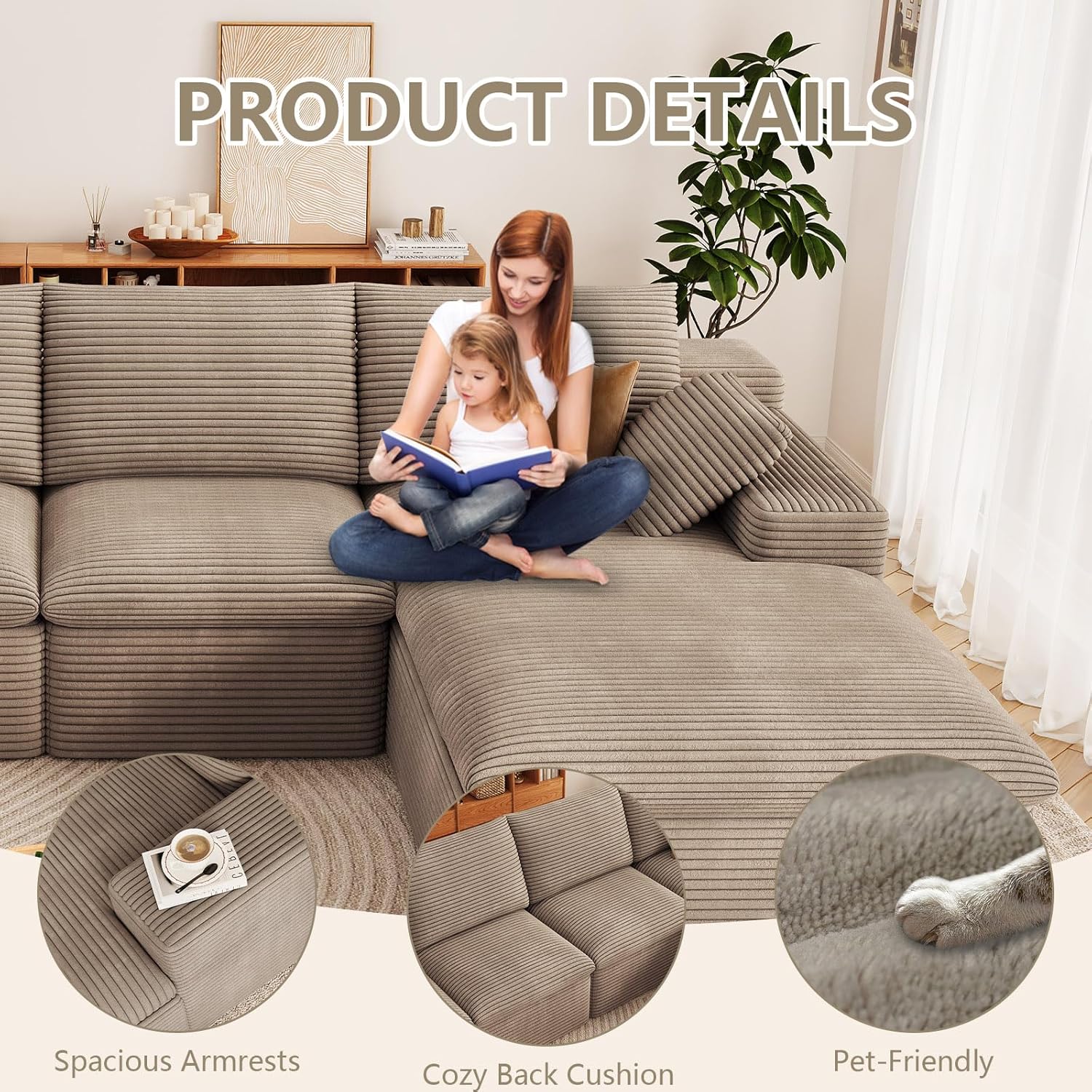 136" Cloud Couch Modular Sectional Couchs with Chaise Lounge, U-Shape Boneless Couches with Ottoman for Living Room, Corduroy Sofa with Deep Seat, No Assembly Required (Camel, Right Facing Chaise)