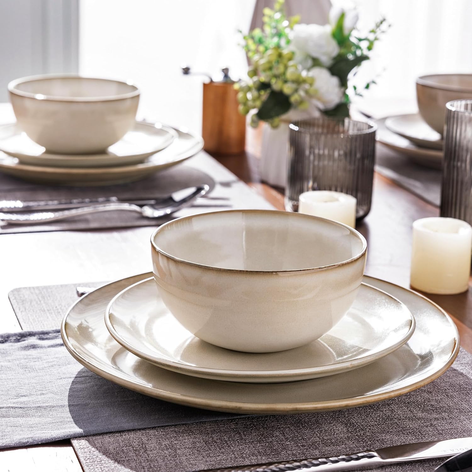 GBHOME Ceramic Dinnerware Sets for 4, 12 Pieces Stoneware Plates and Bowls Sets, Reactive Glaze Dishes -Scratch Resistant, Dishwasher&Microwave Safe-Cappuccino