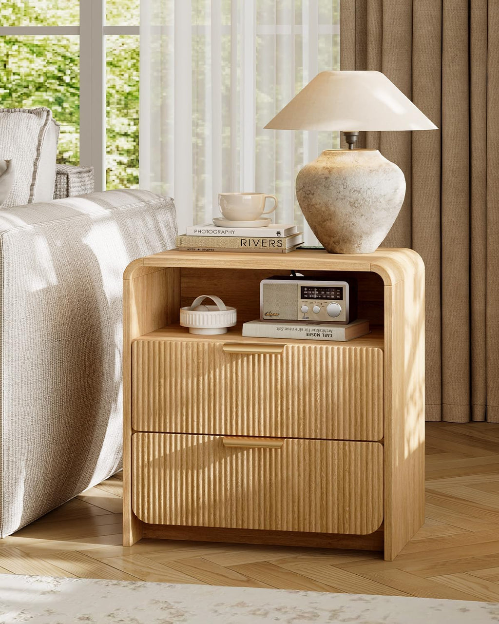 24" Fluted Nightstand Set of 2 with Charging Station, Bedside Table with Metal Handle, NightStand with 2 Drawer and Shelf, End Table for Bedroom, Curved Profile, Natural Oak