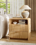 24" Fluted Nightstand Set of 2 with Charging Station, Bedside Table with Metal Handle, NightStand with 2 Drawer and Shelf, End Table for Bedroom, Curved Profile, Natural Oak