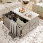 Jocoevol Farmhouse Lift Top Coffee Table, Square Wood Center Table with LED Lighting, USB-C Charging Station, and Hidden Storage Compartment - Rustic Grey Living Room Furniture