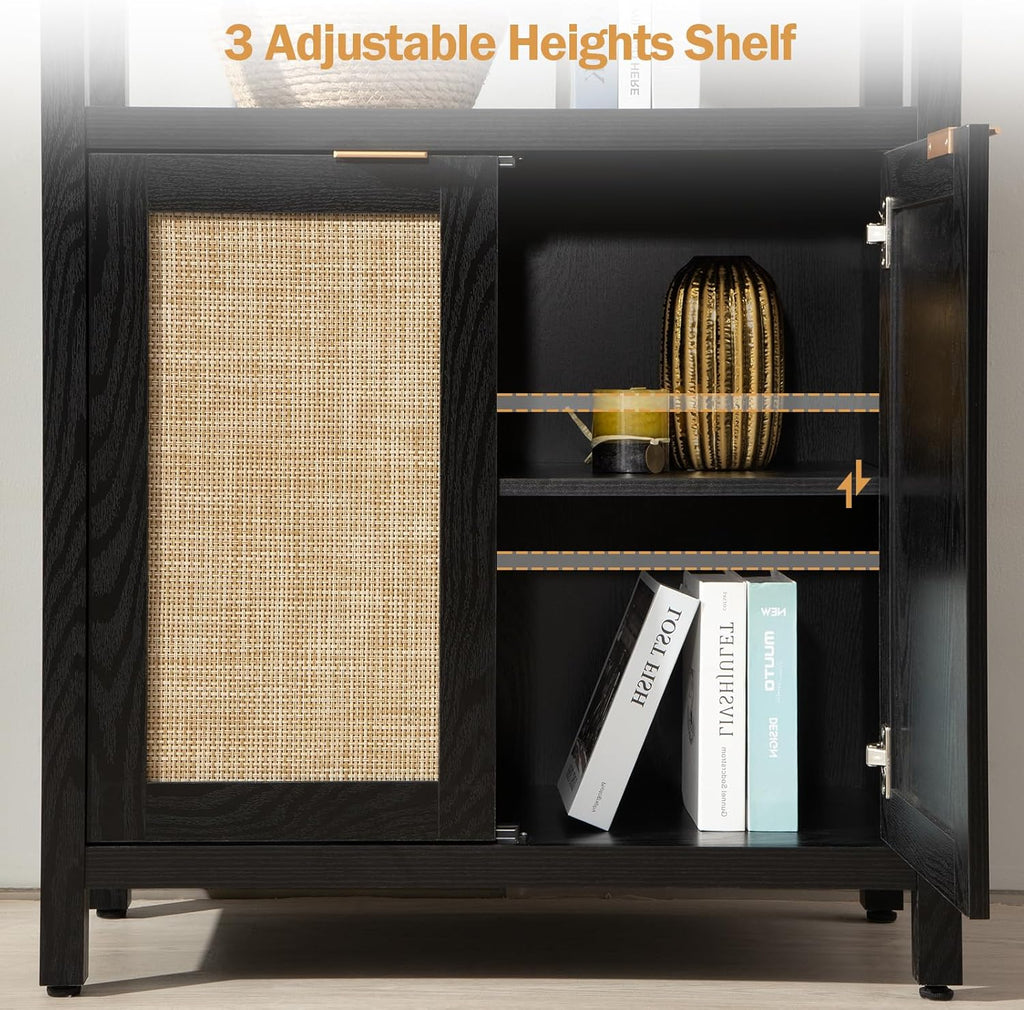 SICOTAS Bookshelf 5 Tier Book Shelf Rattan Boho 71" Tall Bookcase with Doors Storage Shelves Large Bookshelves Farmhouse Bookcases Library Book Case for Living Room Bedroom Home Office Kitchen